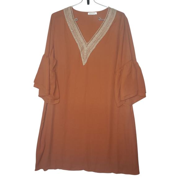 Hotouch Womens Large Rust  Swing Dress Ruffle Sleeves Crochet V-Neck Lined - Picture 2 of 11